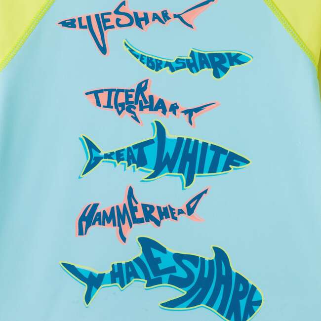 Boys Long Sleeve Rashguard Set, Aqua & Lime Shark - Rash Guards - 5