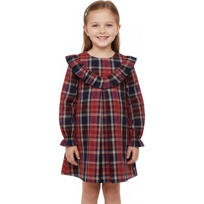 Plaid Ruffle Dress, Red/Navy