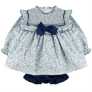 Floral Smocked Baby Set, Blue/White