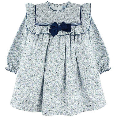 Floral Smocked Ruffle Dress, Blue/White