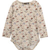 Mushroom Print Long-Sleeve Romper, Taupe - Onesies - 1 - thumbnail