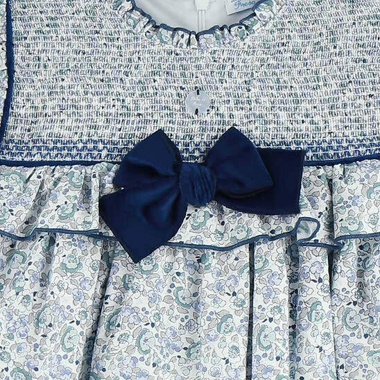 Floral Smocked Ruffle Dress, Blue/White