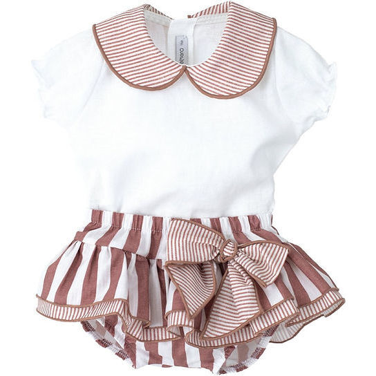 Infant Girls Terracotta Stripe Ruffle Bloomer Set