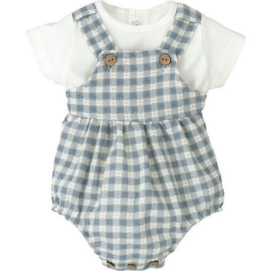 Boys' Blue Gingham Bib Romper and White Tee Set