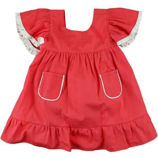 Girls' Flutter-Sleeve Red Pocket Dress