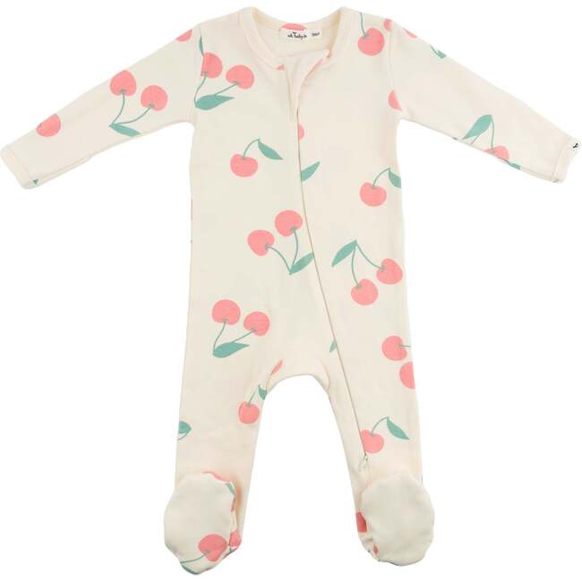 Cherries Print Zipper Front Footie, Milk