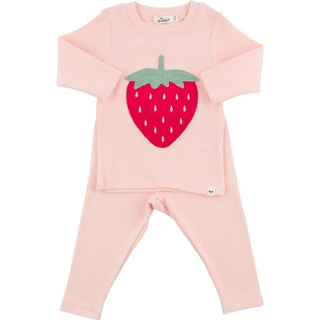 Strawberry Applique Two Piece Set, Pale Pink