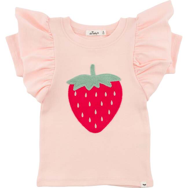 Strawberry Applique Butterfly Sleeve Tee, Pale Pink