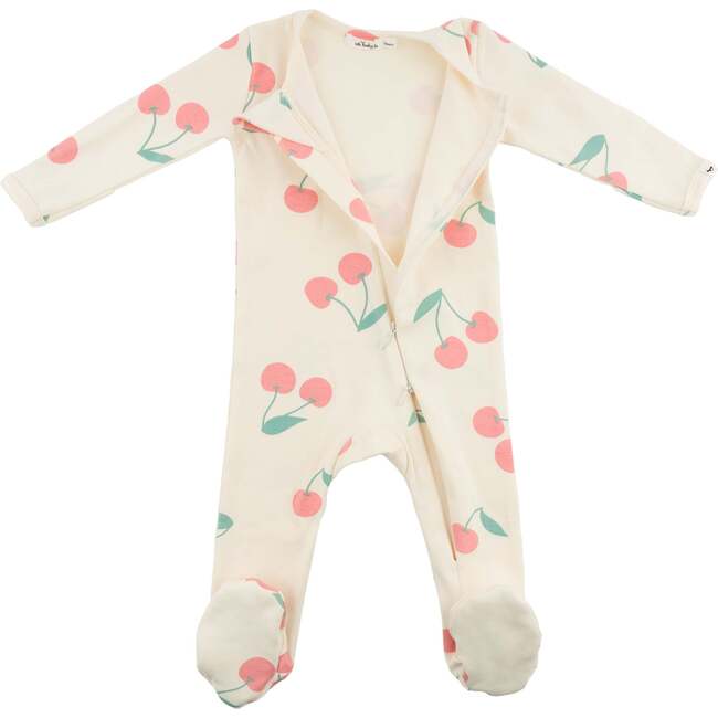 Cherries Print Zipper Front Footie, Milk