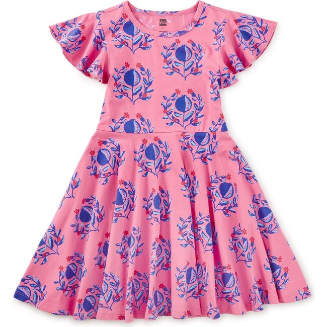 Flutter Sleeve Twirl Dress, Pomegranate Floral