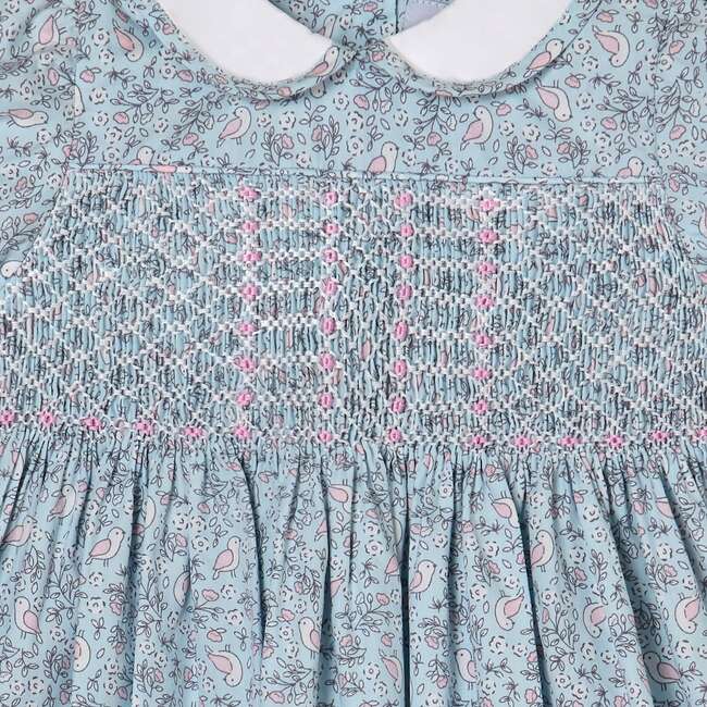 Hand-Smocked Girls Dress Avis, Blue Bird Print - Dresses - 4