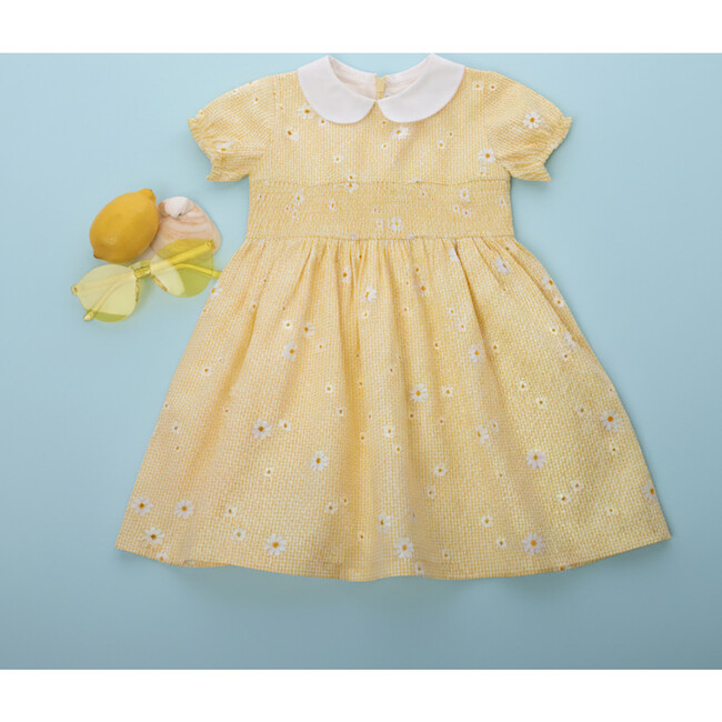 Eva Baby Dress Smock Short Sleeve, Yellow Check Daisy - Dresses - 3