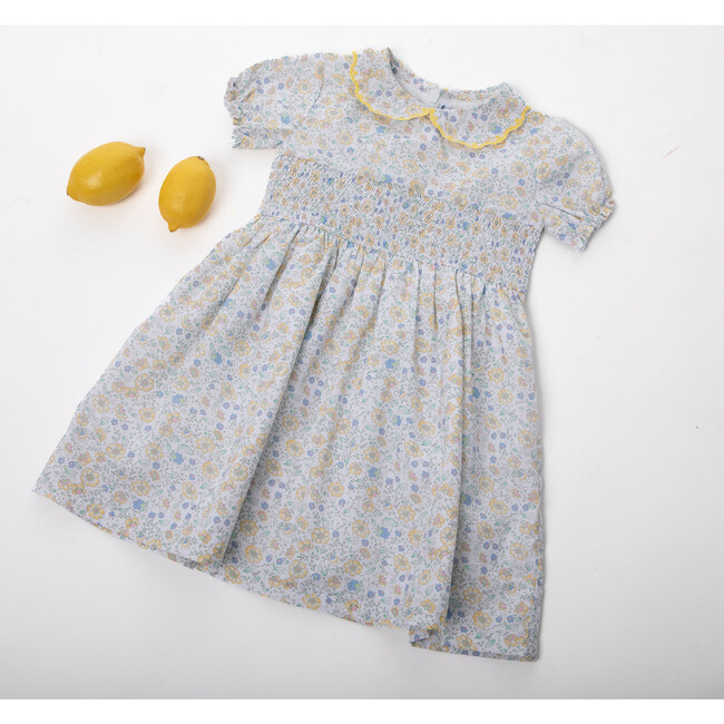 Eva Baby Dress Smock Short Sleeve, Yellow Blue Flowery