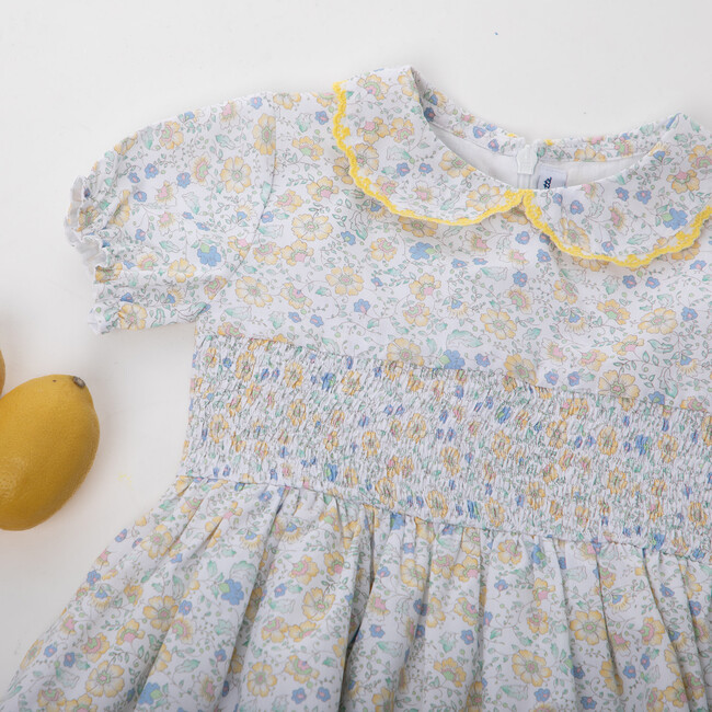 Eva Baby Dress Smock Short Sleeve, Yellow Blue Flowery - Dresses - 3