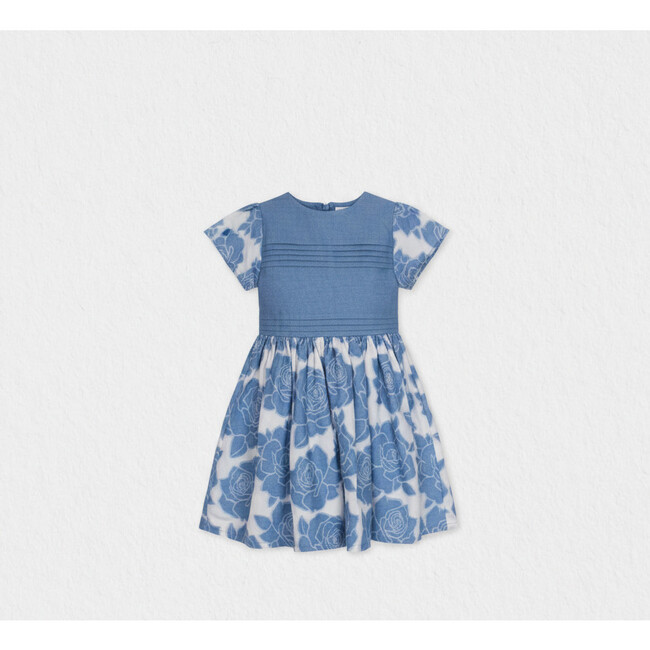 Enissa Girl Dress Short Sleeve, Blue Denim Flower