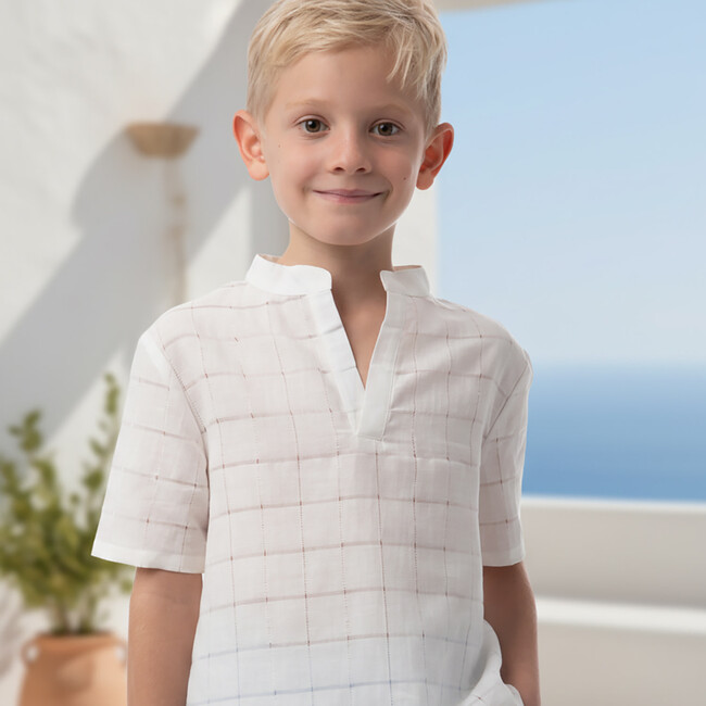 Dev Boy Shirt Short Sleeve Linen, White Openwork - Button Downs - 3