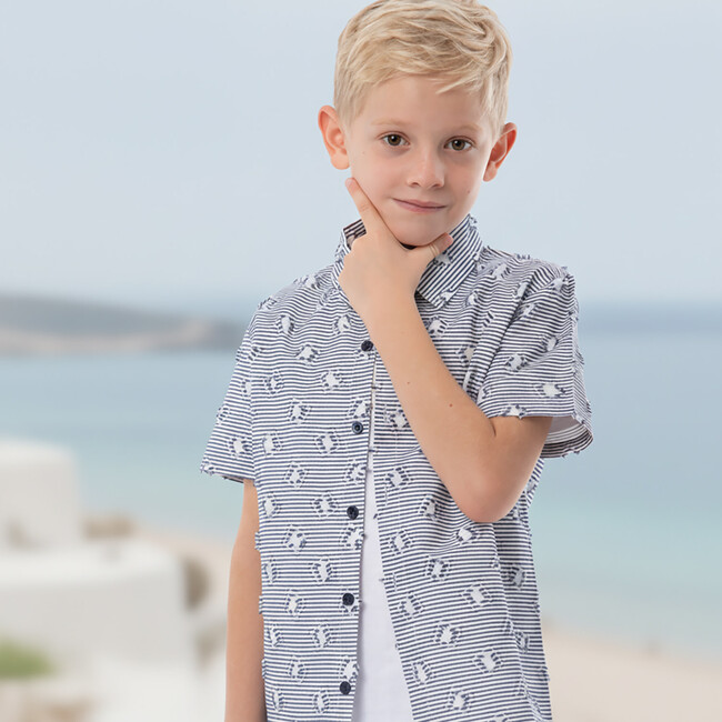 Colin Boy Shirt Short Sleeve Cotton, Navy Blue Square - Button Downs - 3