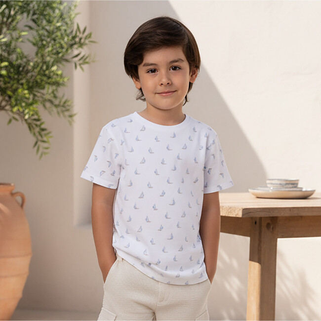 Cederique Boy T-shirt Short Sleeve, White Blue Boat - T-Shirts - 3