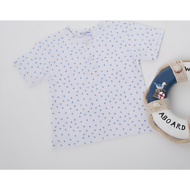 Alfred Boy T-shirt Short Sleeve, White Blue Anchor - T-Shirts - 3