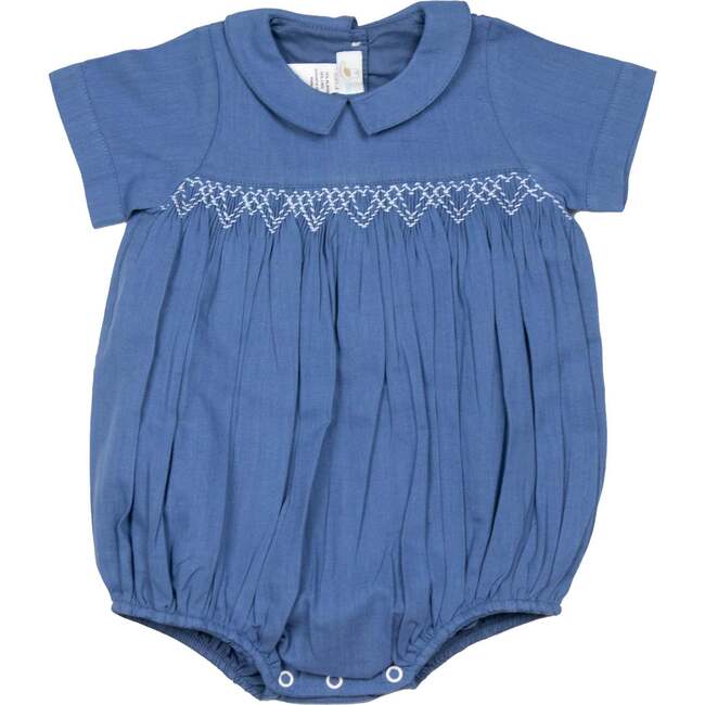 Oliver Linen Smocked Bubble Romper, Blue