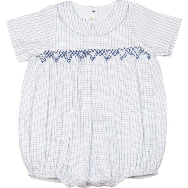 Oliver Gingham Smocked Bubble Romper, White Multi