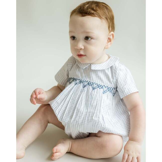 Oliver Gingham Smocked Bubble Romper, White Multi