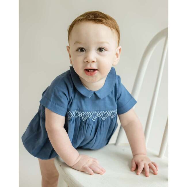 Oliver Linen Smocked Bubble Romper, Blue