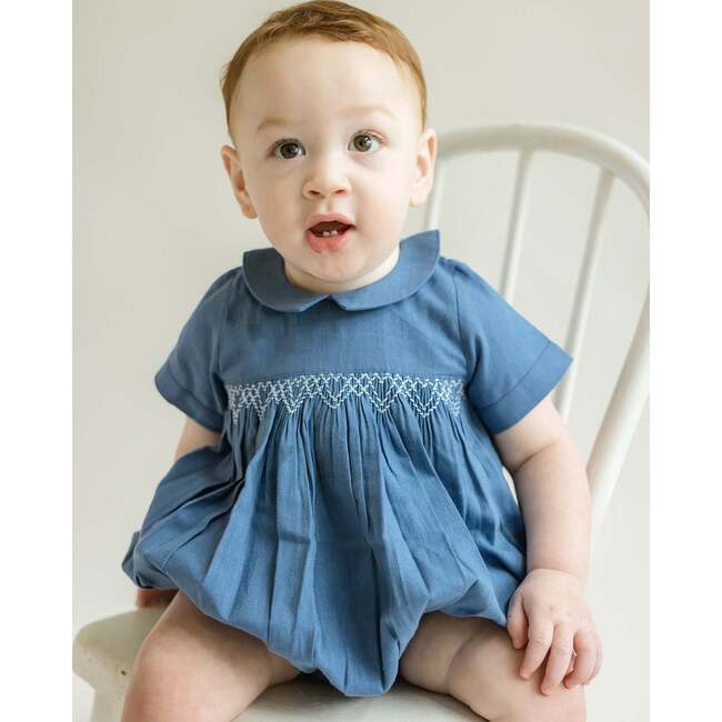 Oliver Linen Smocked Bubble Romper, Blue - Rompers - 3