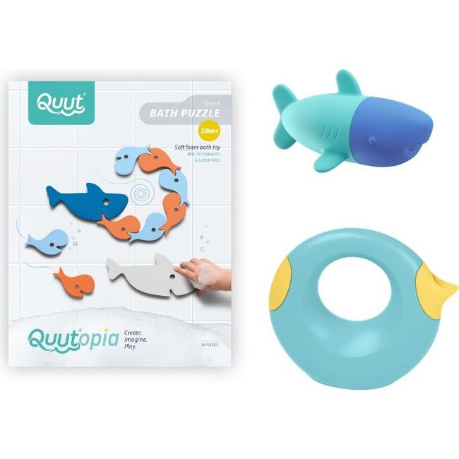 Quut Bath Bundle Shark - 1 Shark Squeezi, 1 Bath Puzzle Shark, 1 Banana Blue Cana