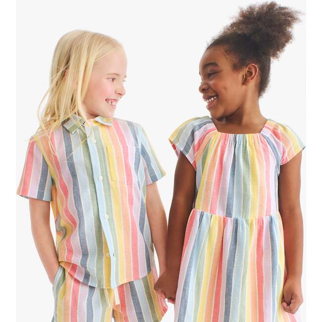 Kids Short Sleeve Button Down In Rainbow Stripe, Rainbow Sunrise Stripe