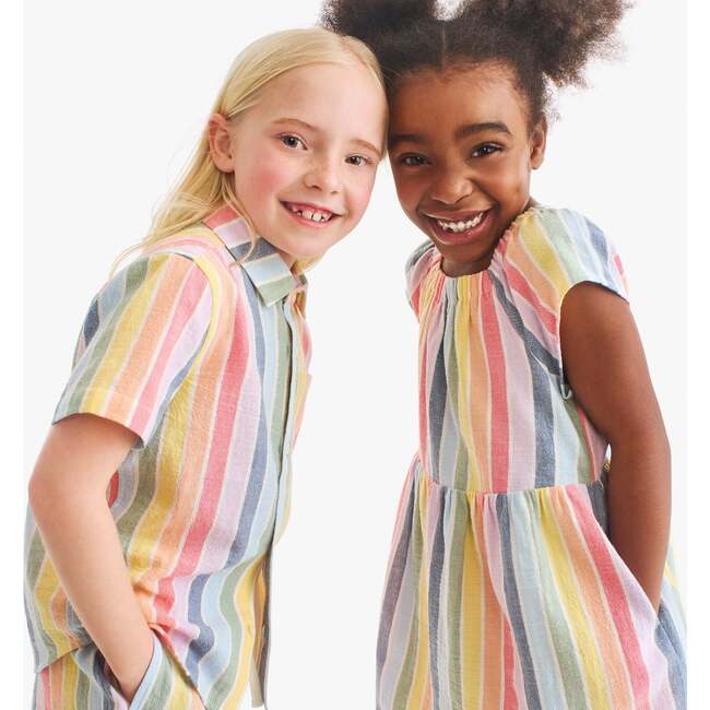 Kids Short Sleeve Button Down In Rainbow Stripe, Rainbow Sunrise Stripe - Button Downs - 3