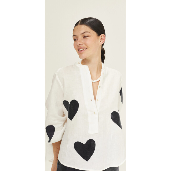 Cupid Linen Shirt, Off-White with Metallic Black Hearts