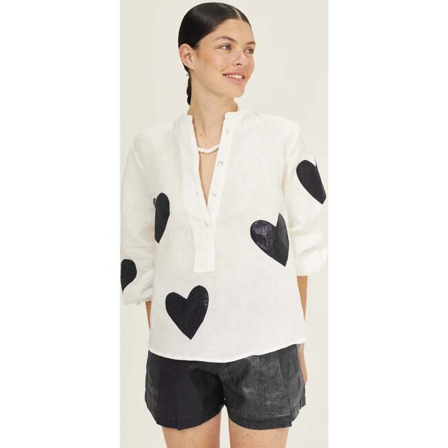 Cupid Linen Shirt, Off-White with Metallic Black Hearts