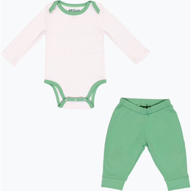 Cozy Comfort: Long sleeve Bodysuit + Pants, White with Green