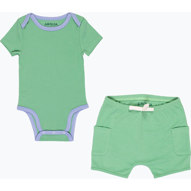 Sunny Day: Short Sleeve Bodysuit + Shorts, Green with Blue