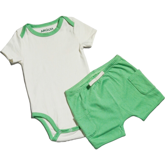 Sunny Day: Short Sleeve Bodysuit + Shorts, White with Green