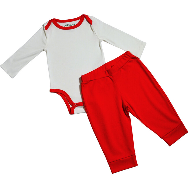 Cozy Comfort: Long sleeve Bodysuit + Pants, White with Red