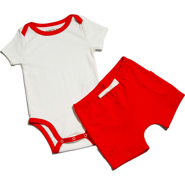 Sunny Day: Short Sleeve Bodysuit + Shorts, White with Red