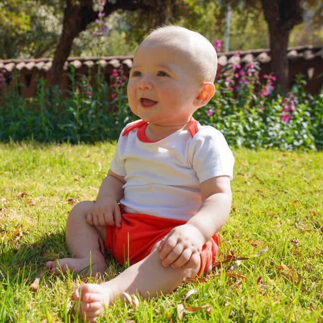 Sunny Day: Short Sleeve Bodysuit + Shorts, White with Red