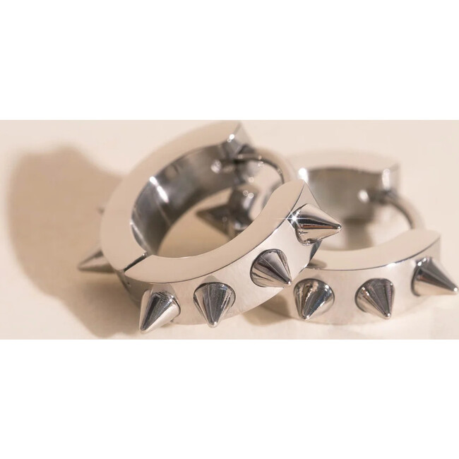 Spiked Huggie Hoop Earrings, Silver