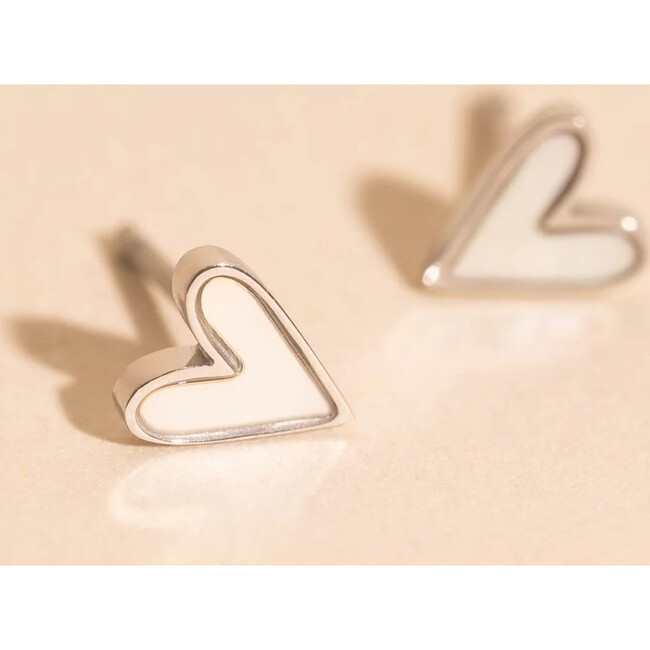 Mini Mother of Pearl Heart Stud Earrings, Silver