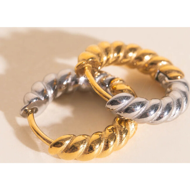 Rope Chunky Rounded Huggie Hoop Earrings, Mixed Metal