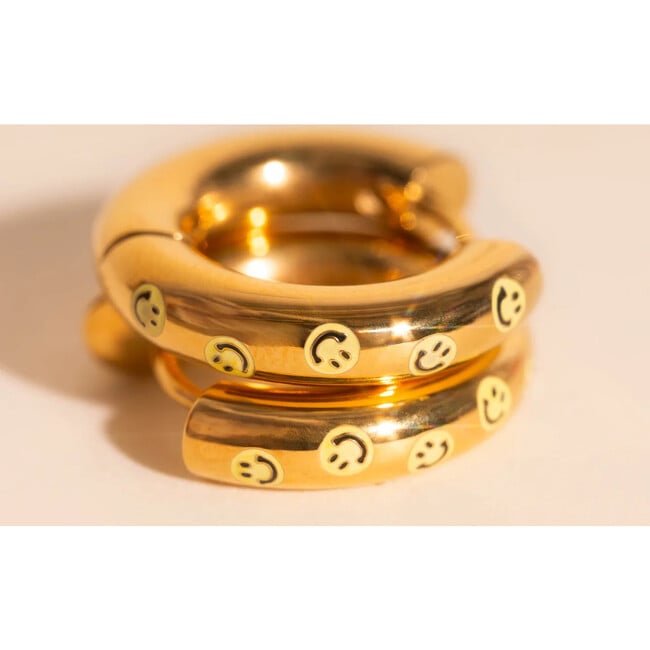 Smiley Chunky Rounded Huggie Hoop Earrings, Gold - Charms - 3