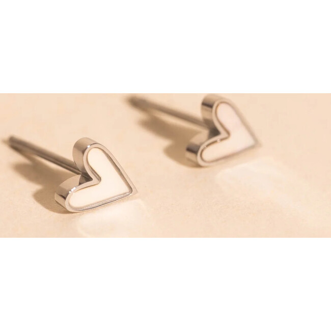 Mini Mother of Pearl Heart Stud Earrings, Silver