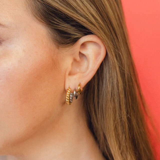 Rope Chunky Rounded Huggie Hoop Earrings, Mixed Metal