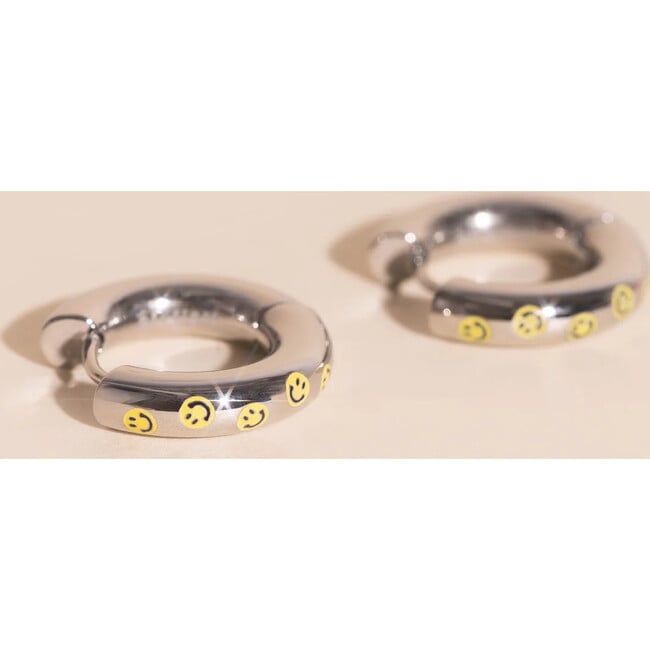 Smiley Chunky Rounded Huggie Hoop Earrings, Silver - Charms - 3