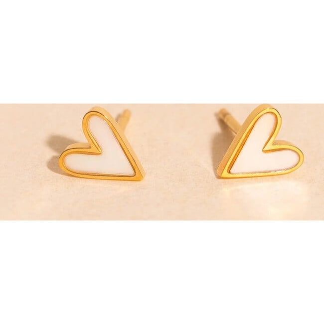 Mini Mother of Pearl Heart Stud Earrings, Gold - Earrings - 3