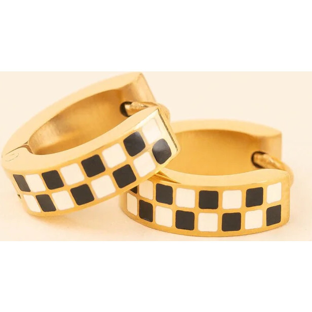Gold Checkered Huggie Hoop, White & Black