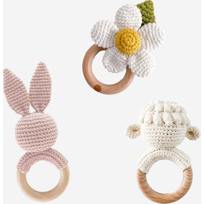 Teether Set Lamb, White Flower, and Blush Bunny
