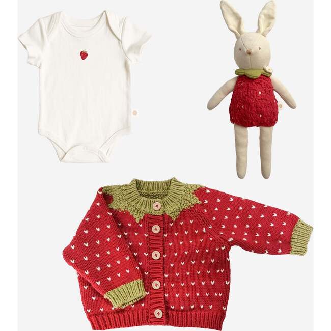 Strawberry Plush Toy, Onesie, and Cotton Cardigan Set, Red